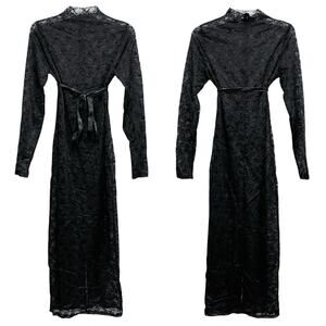 Whimsigoth Sheer Lace Maxi Dress Medium Black Mock Neck Tie Baddie Stretch
